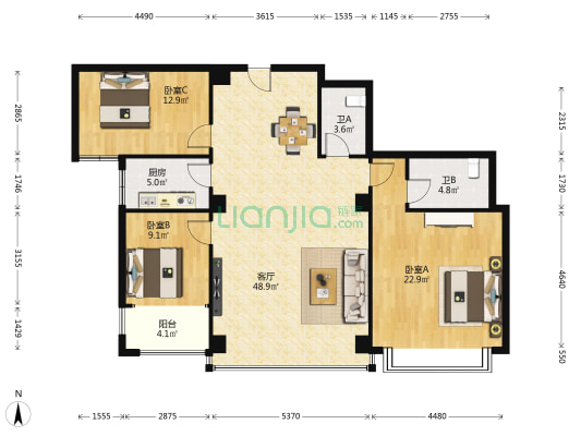 吉欣广场 3室1厅2卫 139平方
