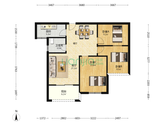 阳光丽城二期 3室1厅1卫 90平方