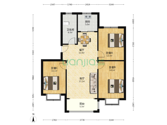 中央华府 3室2厅1卫 103平方