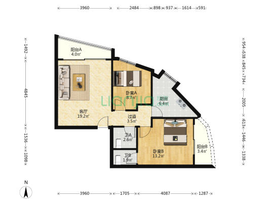 美乐居 2室1厅2卫 73平方