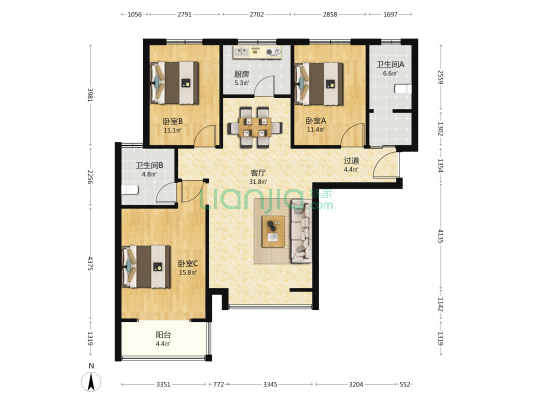 天健望湖大观 3室1厅2卫 125平方