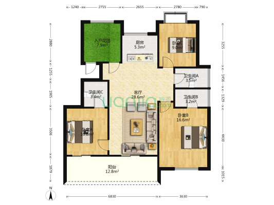 中梁翼天首府 3室1厅3卫 130平方