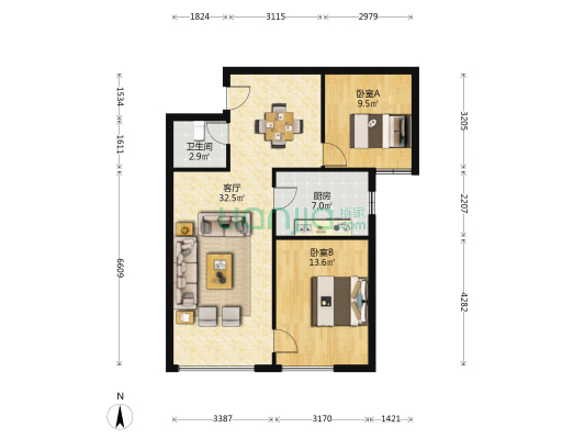 鸿嘉国际广场 2室1厅1卫 91平方