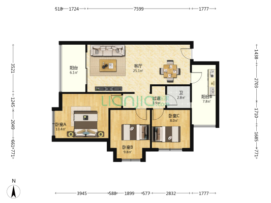 恒大银海湖一期 3室1厅1卫 88平方