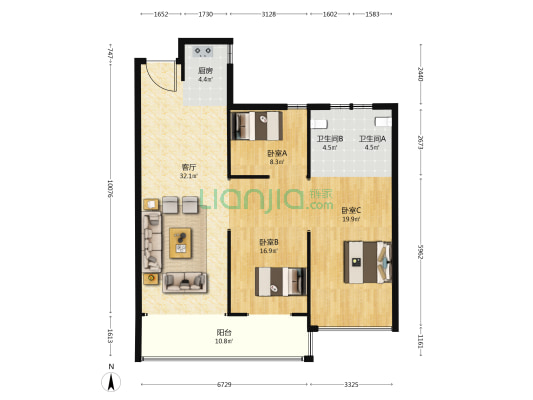 江辰汇北区 3室1厅2卫 129平方