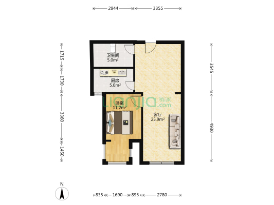 三田雍泓青海城 1室1厅1卫 65平方