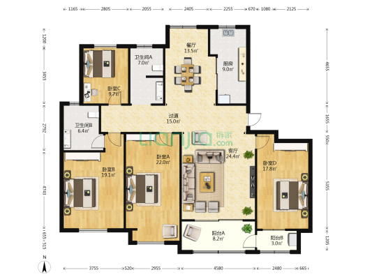 洛城中央御景 4室2厅2卫 176平方