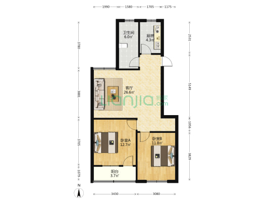 黄金小区 2室1厅1卫 80平方