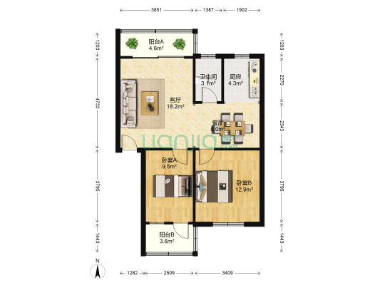 外语艺术职业技术学院 2室2厅1卫 75平方