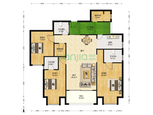 楚天逸品 3室1厅3卫 189平方