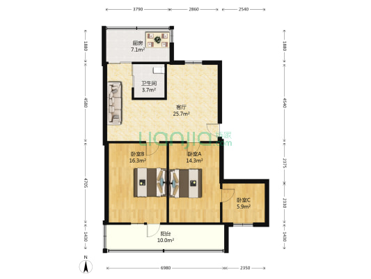 市面粉二厂宿舍 3室1厅1卫 93平方