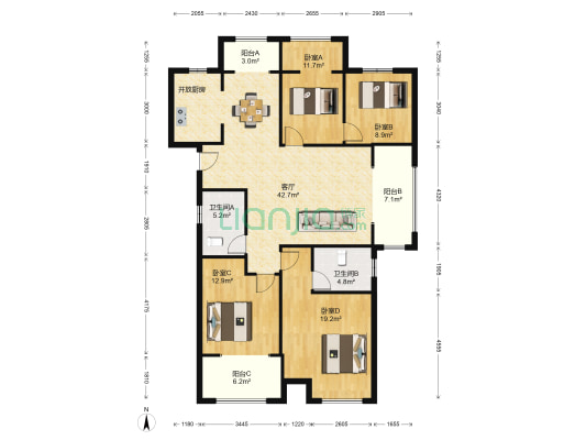 朝辉东方城三区 4室1厅2卫 139平方