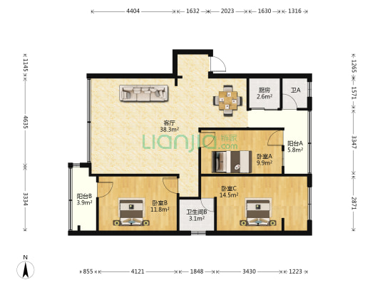 琼山区劳动局宿舍 3室1厅2卫 100平方