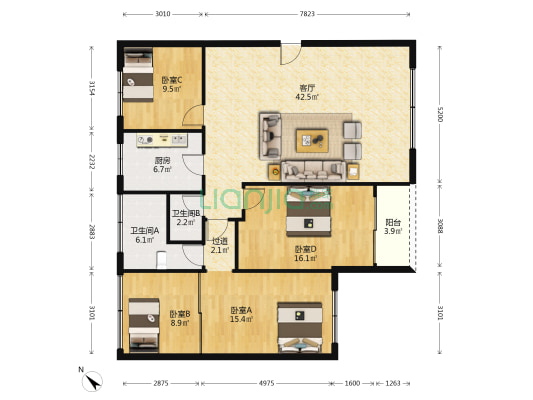 华顺公寓 4室1厅2卫 143平方