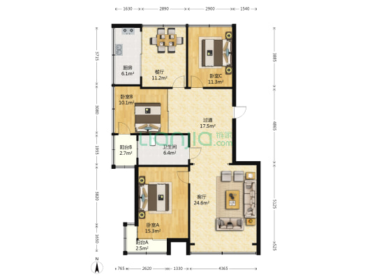 江畔财苑 3室2厅1卫 135平方