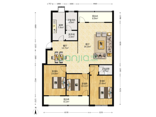 新建路烟草公司宿舍 3室2厅3卫 130平方