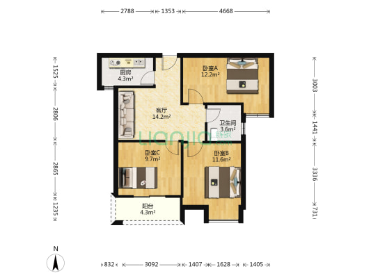 纽宾凯汉city都会中心繁华里 3室1厅1卫 83平方