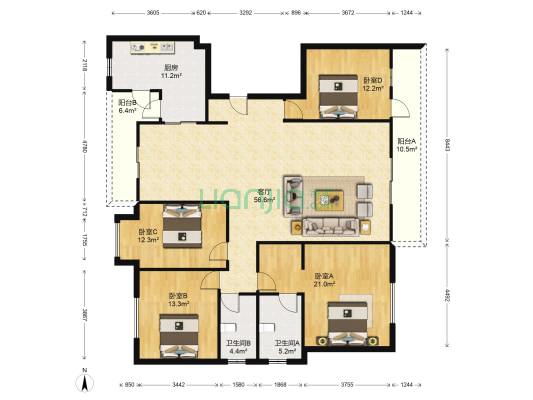 新世纪明上居 4室1厅2卫 185平方