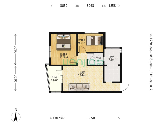 小喜村104号陶瓷厂宿舍 2室1厅1卫 53平方