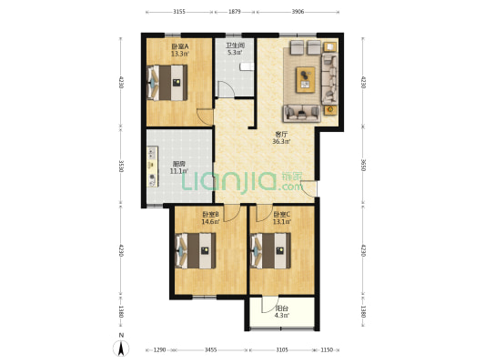 东环阳光小区 3室1厅1卫 120平方
