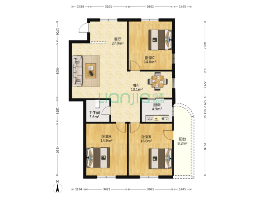 龙庭创业公寓 3室2厅1卫 117平方