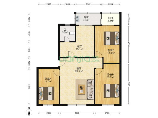 学院路银行楼 3室2厅1卫 110平方