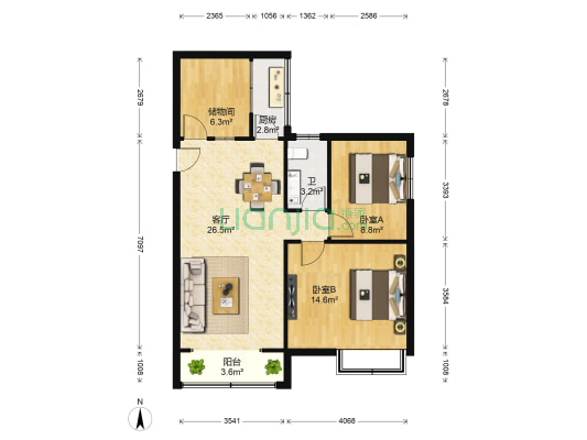 富达花园 2室1厅1卫 77平方