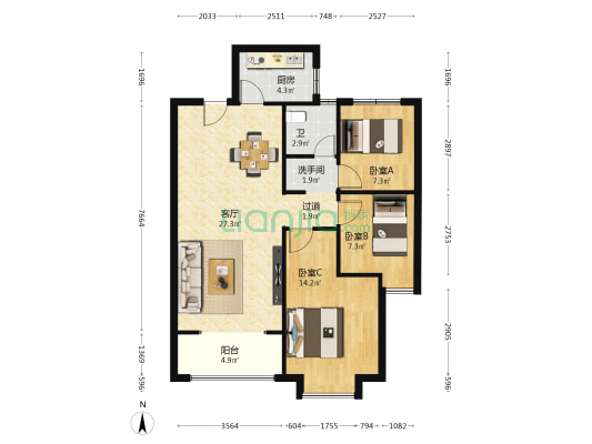 鼎诚·悦玺 3室1厅2卫 100平方