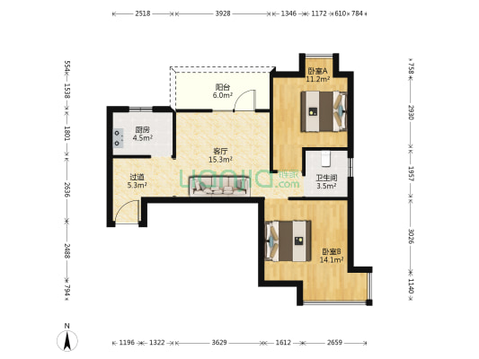 地铁鑫城 2室1厅1卫 78平方
