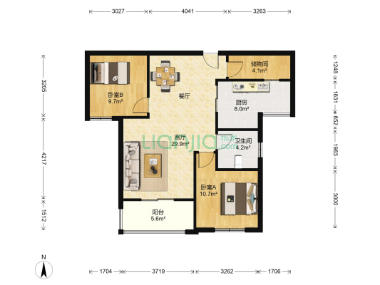 世茂天域华府 2室1厅1卫 89平方