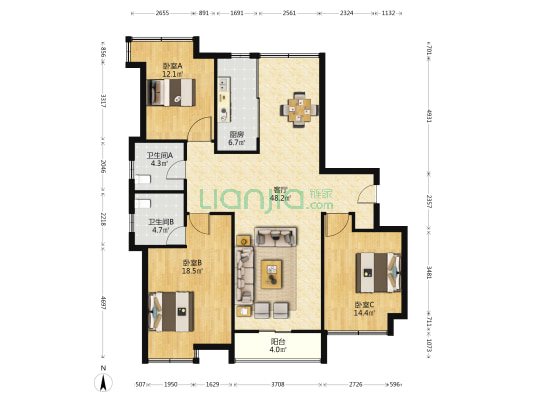 金鹰红兰名苑 3室1厅2卫 139平方