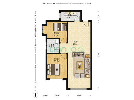 鸿坤D户型    全明格局两居室    中高层   采光充足-户型图