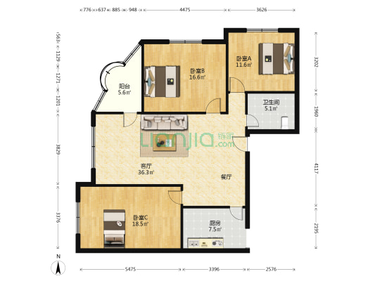 友邻小区 3室1厅1卫 127平方