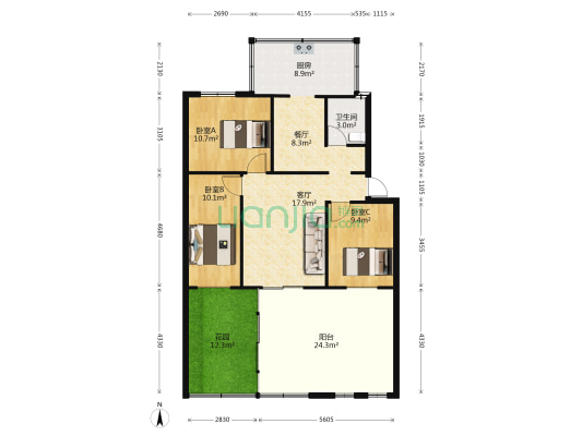 梁源小区二组团 3室2厅1卫 122平方