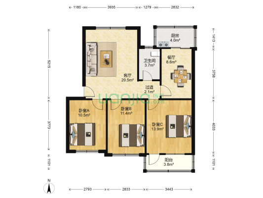 管道潍城小区 3室2厅1卫 99平方
