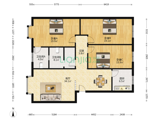 园艺场小区 3室1厅2卫 138平方