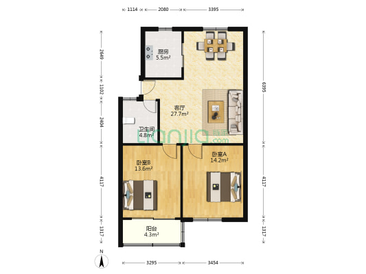 禹航路 2室1厅1卫 80平方