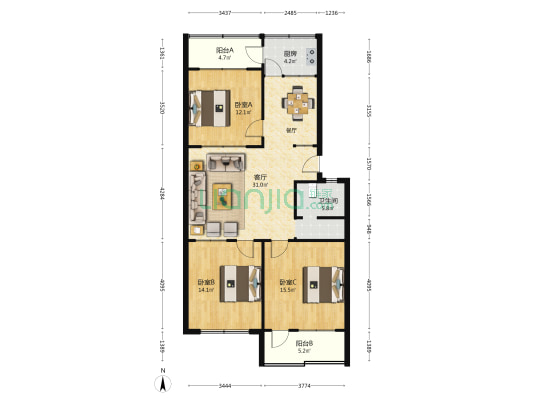 北苑小区 3室1厅1卫 104平方
