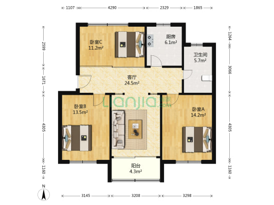 新盛花园西区 3室1厅1卫 160平方