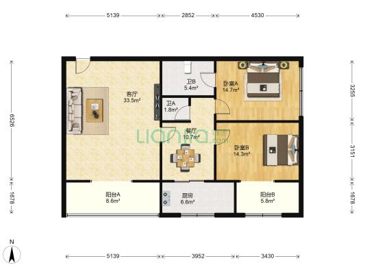 静安大厦 2室2厅2卫 129平方
