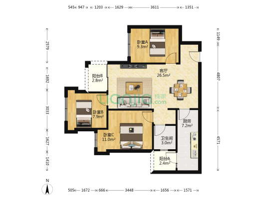 金地自在城 3室1厅1卫 84平方