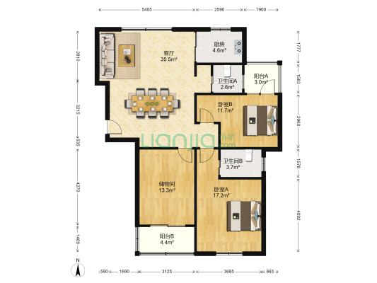 聚瑞家园 2室1厅2卫 120平方