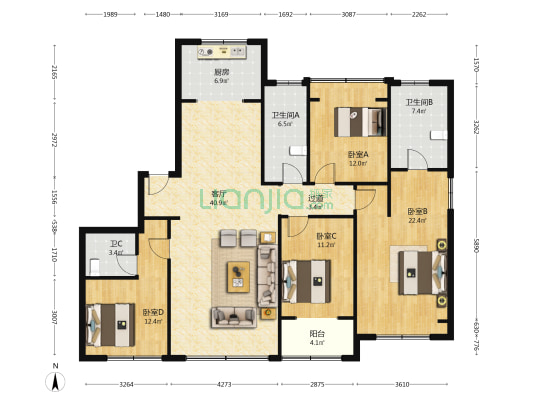 蓝城玉园 4室1厅3卫 173平方