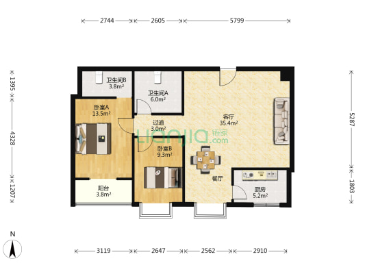 锦和家园 2室1厅2卫 107平方