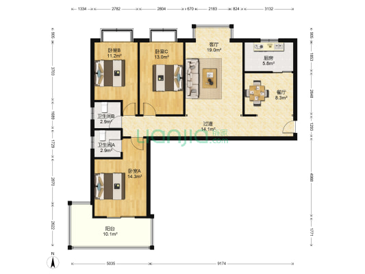 龙头花园 3室2厅2卫 132平方