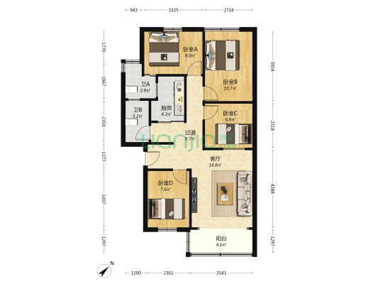 兴隆大厦 4室1厅2卫 85平方