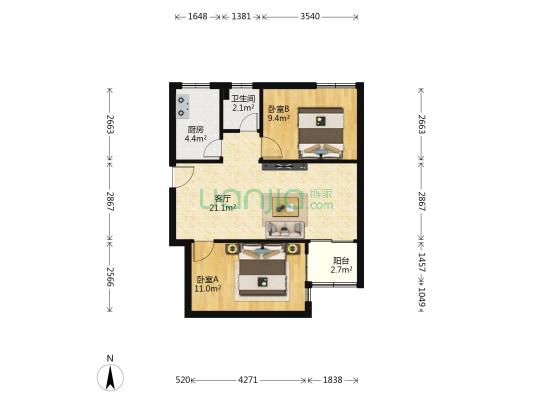 骏鸿花园 2室1厅1卫 62平方