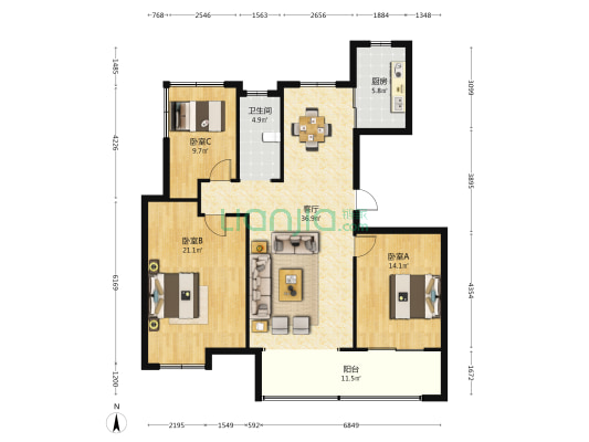 翡翠壹号院 3室1厅1卫 125平方