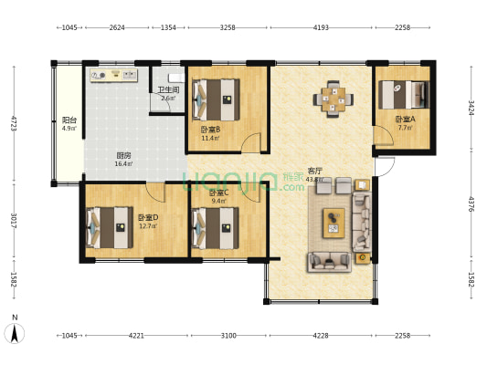 百年福商住楼 4室1厅1卫 128平方