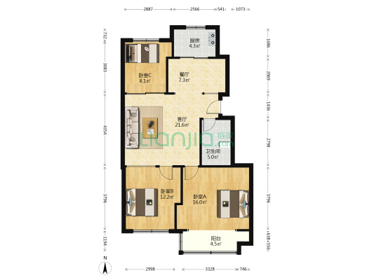 翰林佳园 3室2厅1卫 107平方